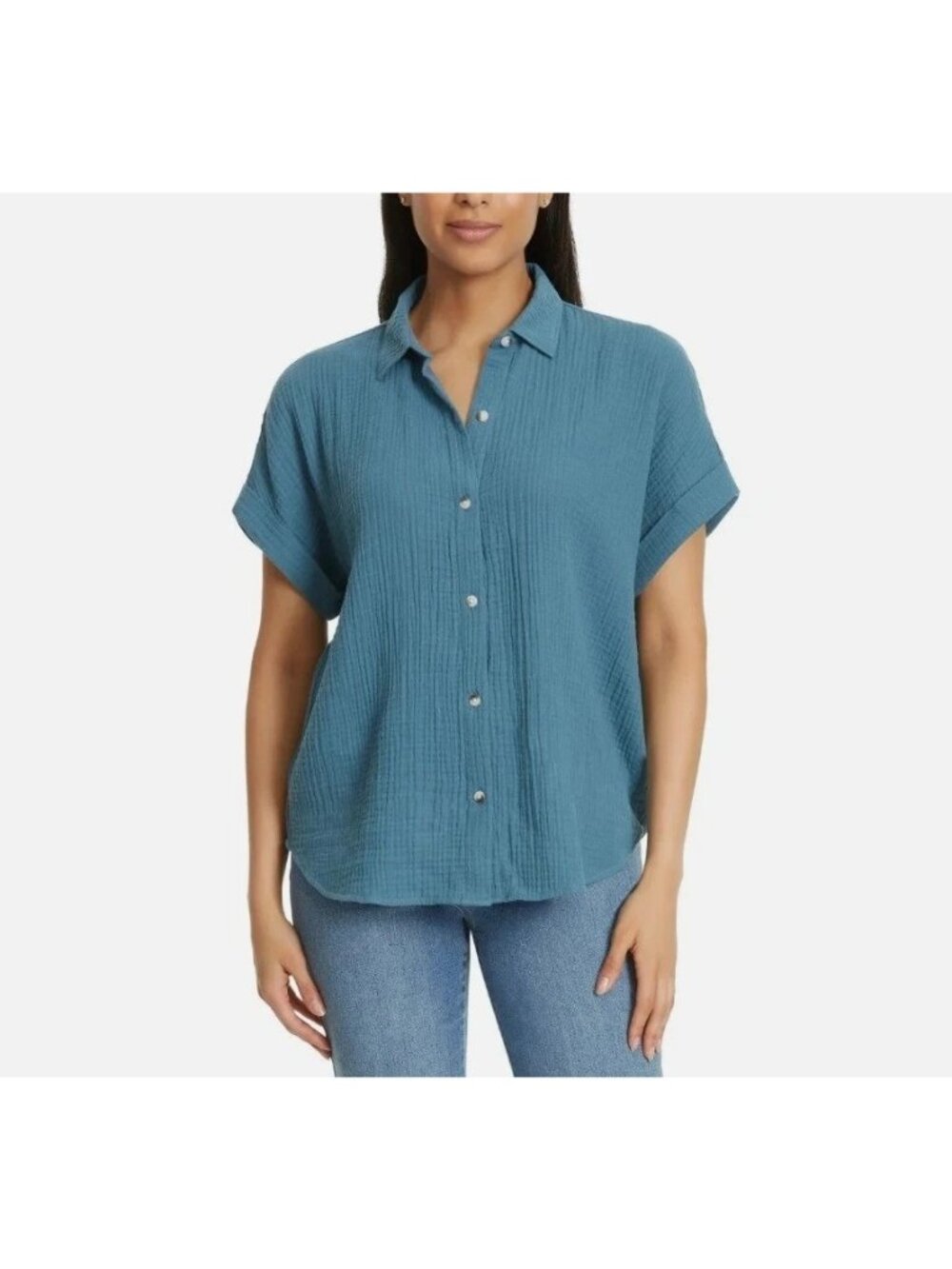 NWT Jessica Simpson Gauze Women's L Blue Button-Up Shirt 100% Cotton
